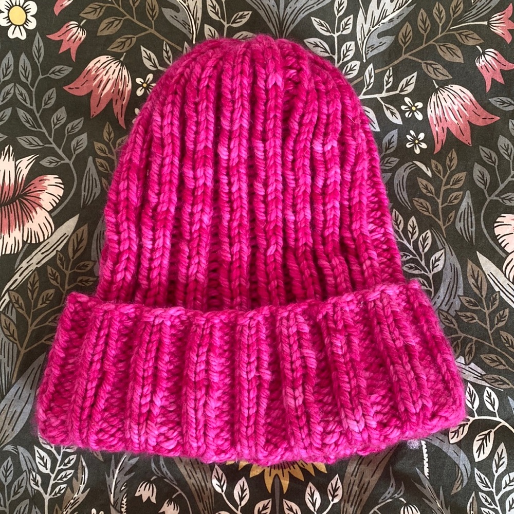 Hand knit pink chunky yarn beanie